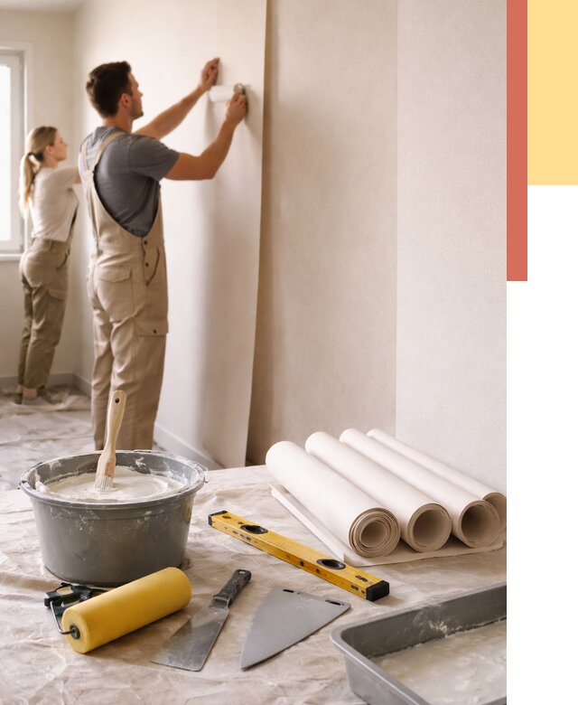 Поклейка бумажных обоев в Добрянке от 5556 руб./м2 — быстро и недорого | ОТДЕЛОЧНИК-Дбр