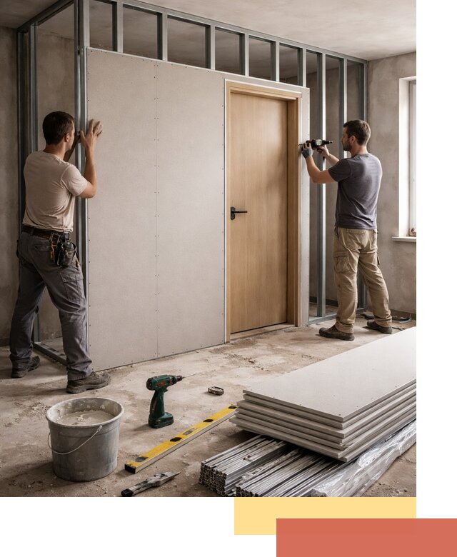 Перегородка из гипсокартона с дверью под ключ в Добрянке