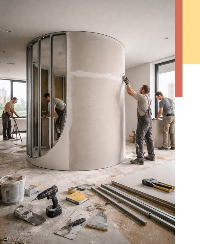 Радиусная перегородка из гипсокартона в Добрянке от 2930 руб. под ключ | ОТДЕЛОЧНИК-Дбр