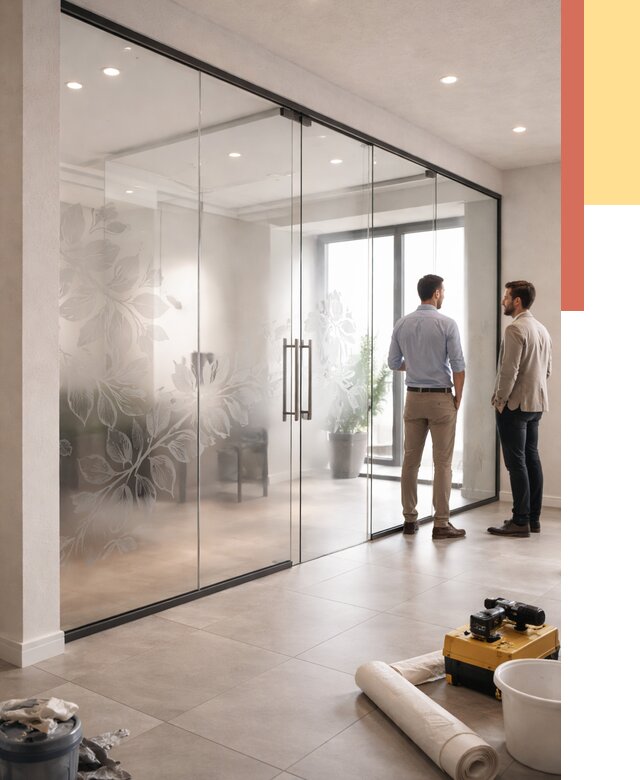 Стеклянные перегородки с рисунком в Добрянке от 12628 руб. монтаж и нанесение | ОТДЕЛОЧНИК-Дбр