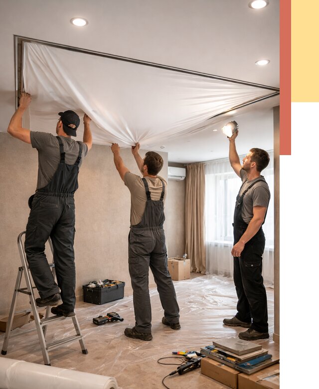 Монтаж ПВХ натяжного потолка в Добрянке от 3536 руб. под ключ | ОТДЕЛОЧНИК-Дбр