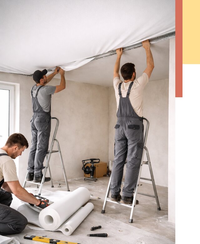 Монтаж тканевого натяжного потолка в Добрянке от 3536 руб. под ключ | ОТДЕЛОЧНИК-Дбр