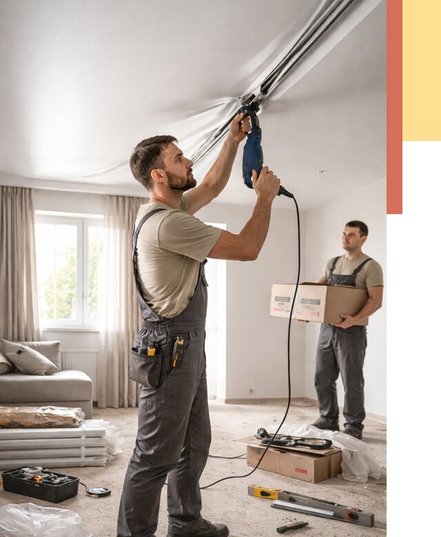 Монтаж сатинового натяжного потолка в Добрянке от 3536 руб. | Быстро, недорого — ОТДЕЛОЧНИК-Дбр