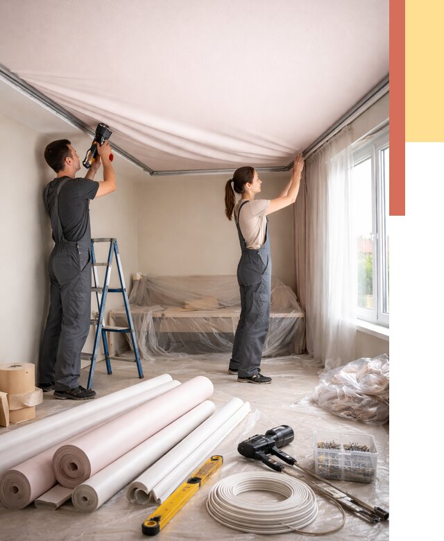 Монтаж цветного натяжного потолка в Добрянке от 4243 руб/м² — быстро и недорого | ОТДЕЛОЧНИК-Дбр