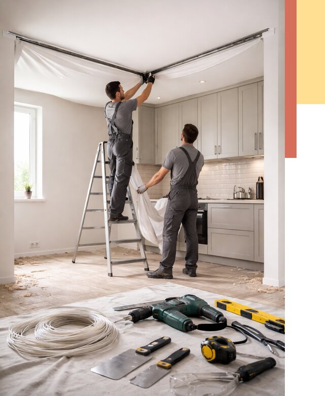 Установка натяжного потолка на кухне в Добрянке от 2424 руб. | ОТДЕЛОЧНИК-Дбр