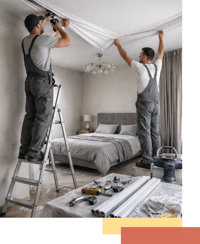 Монтаж натяжного потолка в спальне в Добрянке