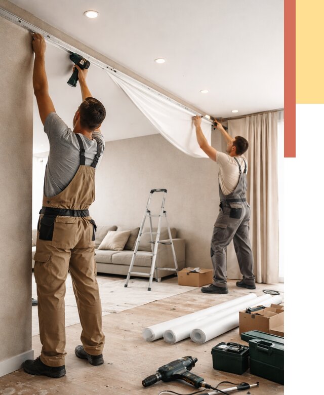 Монтаж натяжного потолка в гостиной в Добрянке от 556 руб. | ОТДЕЛОЧНИК-Дбр