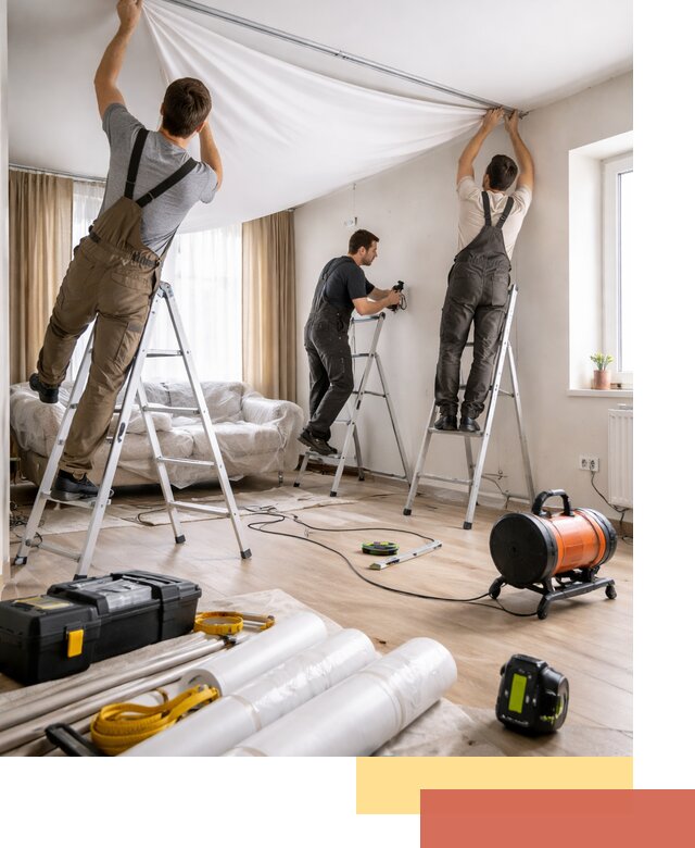 Монтаж натяжного потолка в гостиной в Добрянке