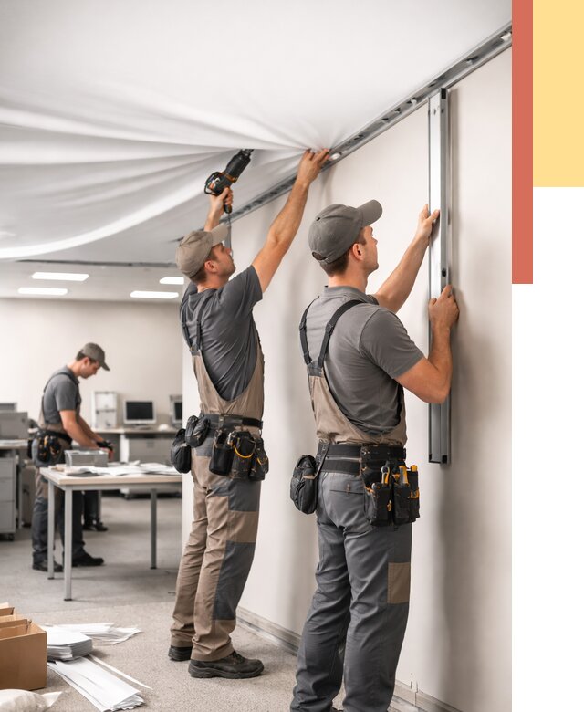 Монтаж натяжного потолка в офисе в Добрянке от 455 руб/м² — быстро и недорого | ОТДЕЛОЧНИК-Дбр