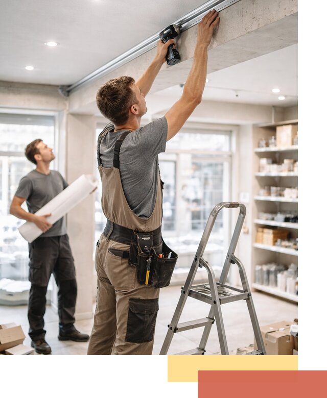 Монтаж натяжных потолков в магазине в Добрянке