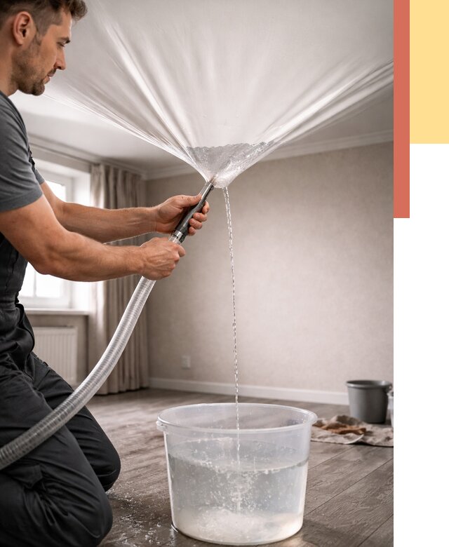 Слив воды с натяжного потолка в Добрянке от 2526 руб. быстро и недорого | ОТДЕЛОЧНИК-Дбр