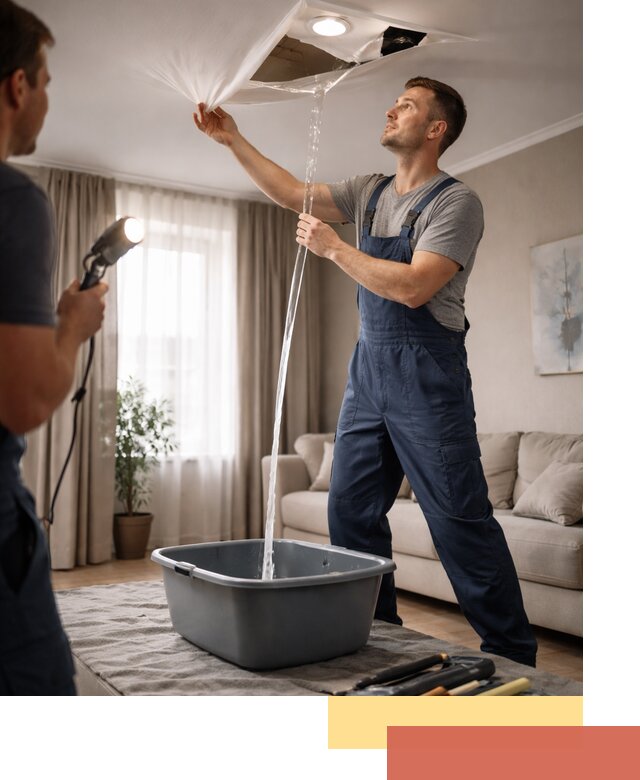 Слив воды с натяжного потолка в Добрянке быстро и аккуратно