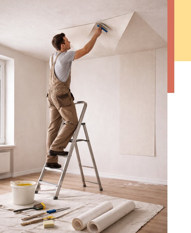 Поклейка обоев на потолок в Добрянке от 4546 руб. быстро и недорого | ОТДЕЛОЧНИК-Дбр